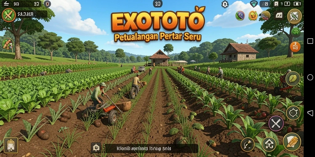 Tampilan gameplay <strong>EXOTOTO</strong> dengan kebun yang subur dan beragam tanaman.