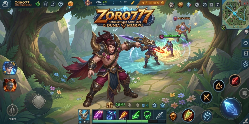 Screenshot gameplay ZORO77 menampilkan pertarungan epik di dunia MMORPG.